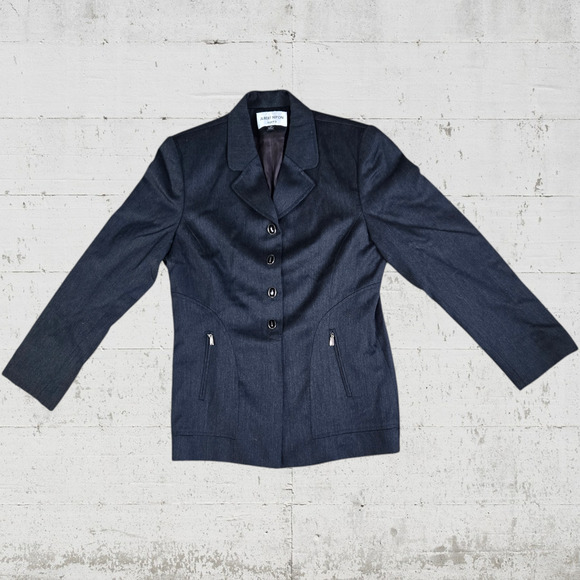 80s Vintage Dark Gray Single Breasted Wool Albert Nipon Blazer Jacket Size 10 - Picture 1 of 13